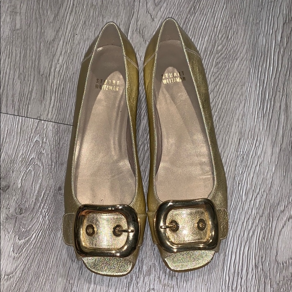 Stuart Weitzman gold peep toe flats